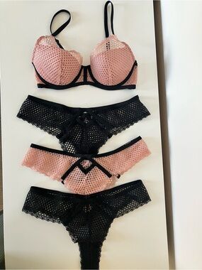 Victoria's Secret Pink & Black Mesh Lingerie Set 32C